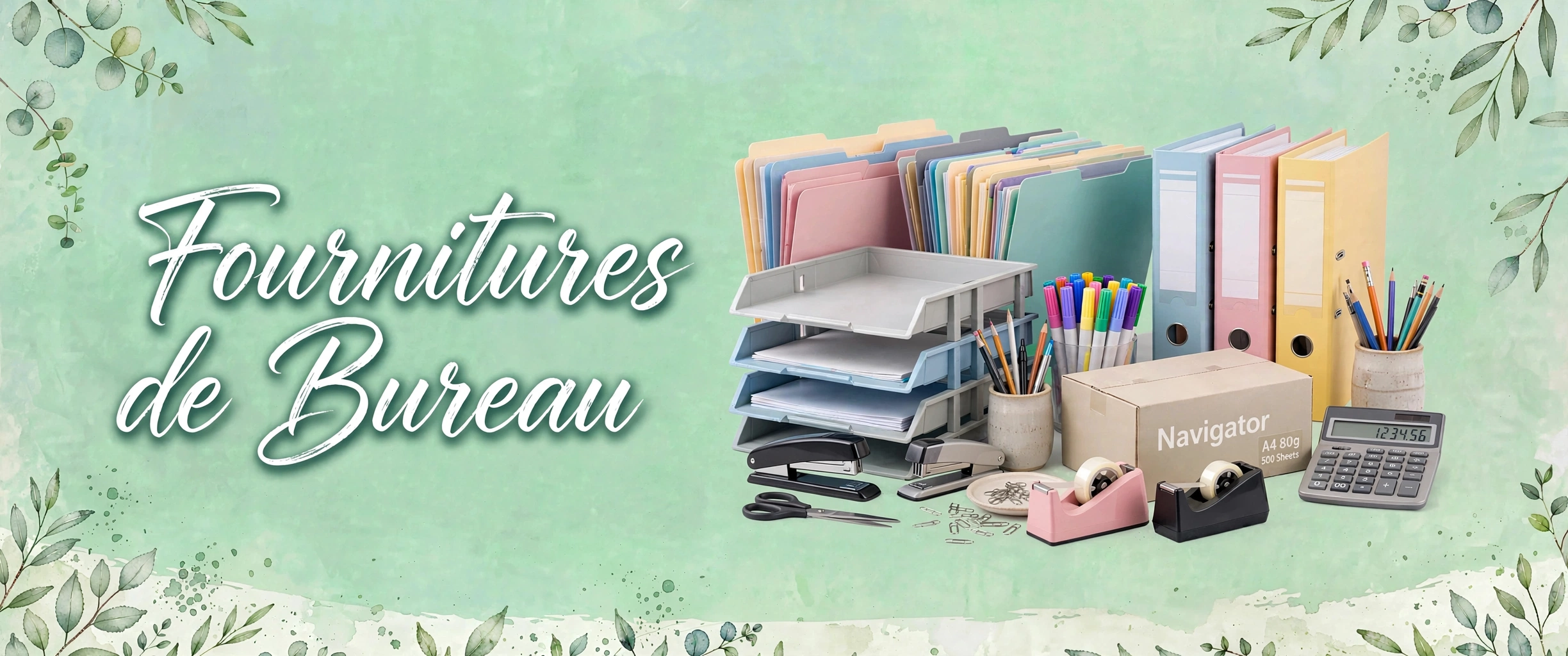 fournitures de bureau white text